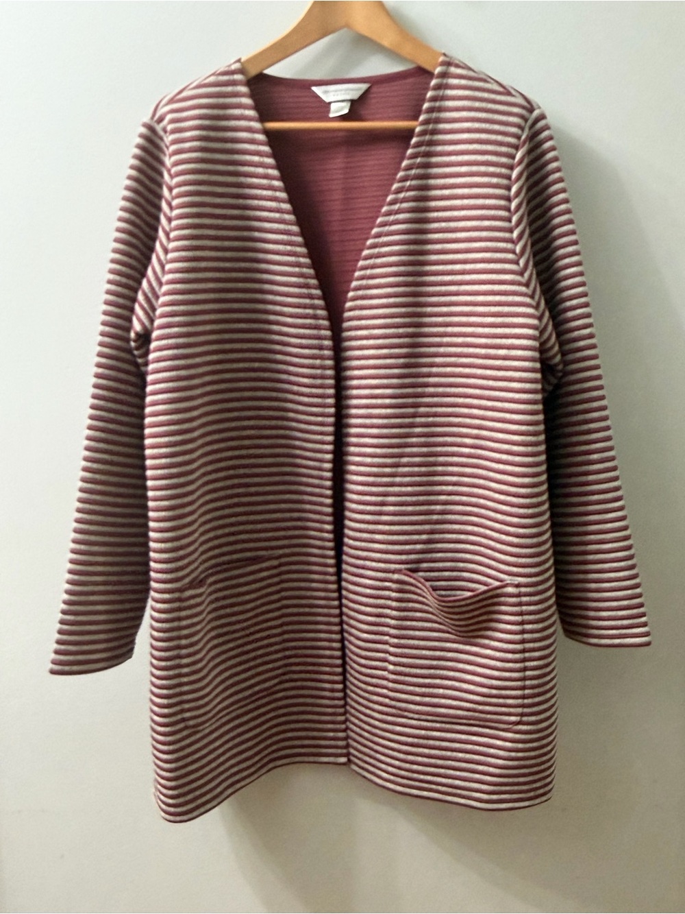 Christopher & Banks Dusty Rose and White Striped Open-Front Cardigan